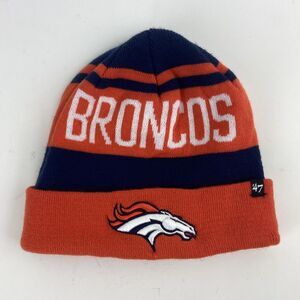 Denver BRONCOS NFL Orange Blue Striped Knit Retro Cuffed 47 Brand Beanie Cap Hat